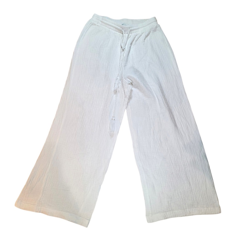 C&C California Womens Medium Wide Leg Gauze Pants White Cotton Elastic Waist